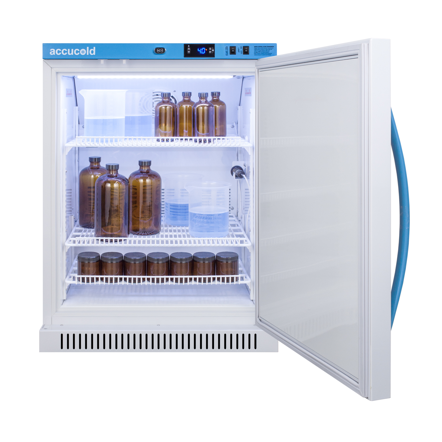 Performance series Med-Lab 6 cu.ft. freestanding ADA height all-refrigerator for laboratory storage with factory-installed data logger, antimicrobial silver-ion handle, and hospital grade cord with 'green dot' plug